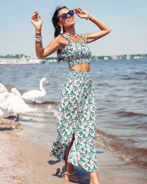 Royalfashion Мятный женский комплект с цветочным принтом
