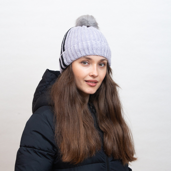 Gray insulated beanie with white stripes and pompom - Accessories