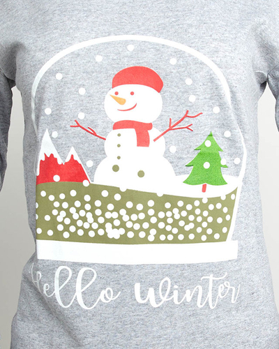 Grey women's 2-piece pajamas with snowman- Clothing