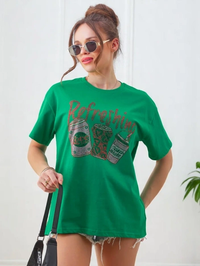 Royalfashion Naiste puuvillane t-särk, millel on rhinestone print