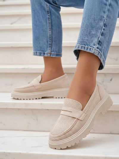 Callista women's loafers beige, ecological leather, flat heel 4 cm