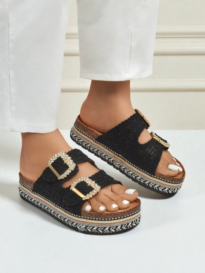 Royalfashion Women's sandals with rhinestone buckles GlamCork