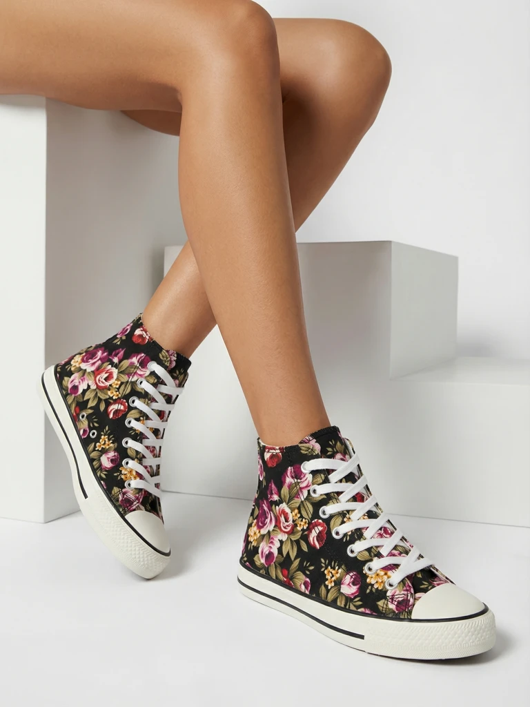 Flora Women's Black-Floral Fabric Summer Sneakers