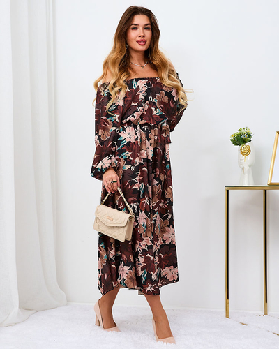 Royalfashion Musta ja pruuni värvi lilleline maxikleit naistele