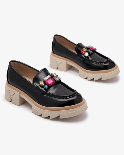 Lacquered black moccasins with colored stones Sarix - Footwear
