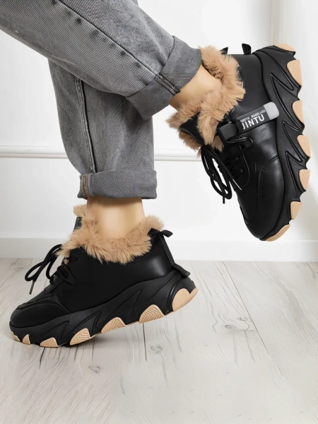 Black women's sports sneakers with fur Nonua- Footwear