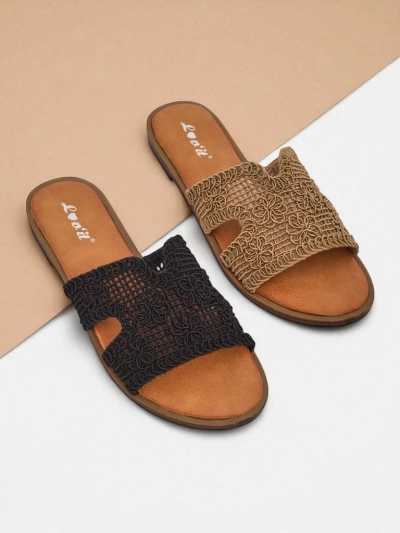 Летние женские шлепанцы Callisto черные с ажурным верхом на плоском каблуке