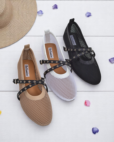 Royalfashion Calista Bianca Ballet Flats – Women's White Mesh Shoes with Black Straps