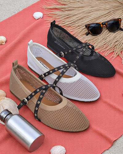 Royalfashion Calista Bianca Ballet Flats – Women's White Mesh Shoes with Black Straps