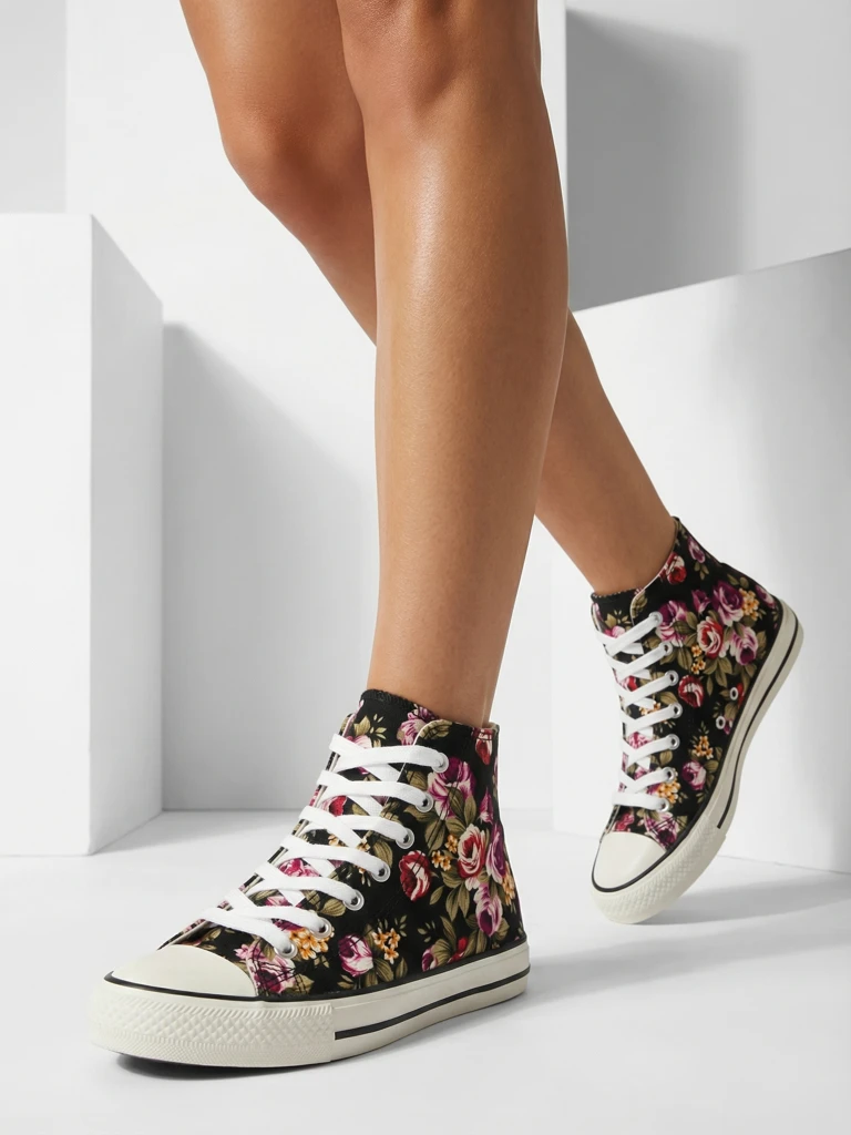 Flora Women's Black-Floral Fabric Summer Sneakers