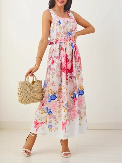 Royalfashion Women's viscose midi dress with straps, with a belt in various flowers