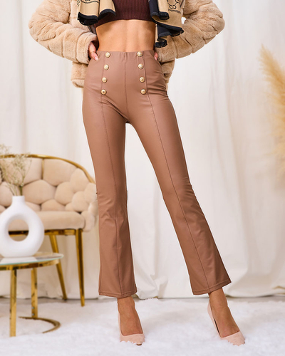 Royalfashion Brown women's eco-leather leggings with gold buttons