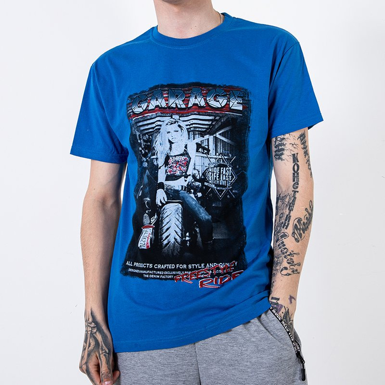 Meeste koobaltpuuvillane t-särk trüki ja pealdisega - Riietus