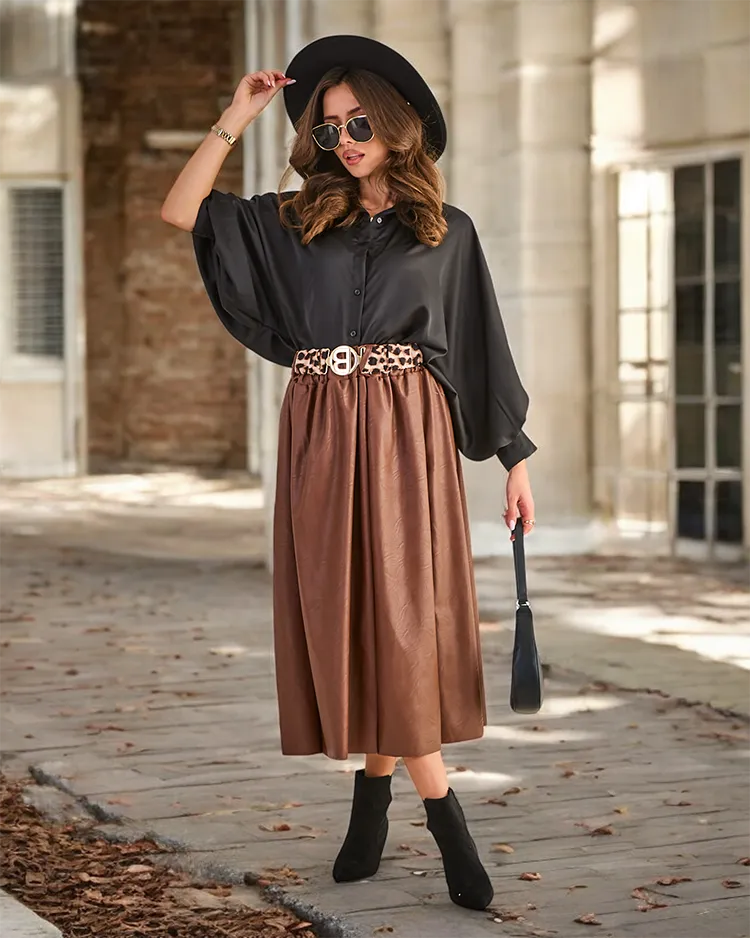 Royalfashion Women's eco leather midi skirt