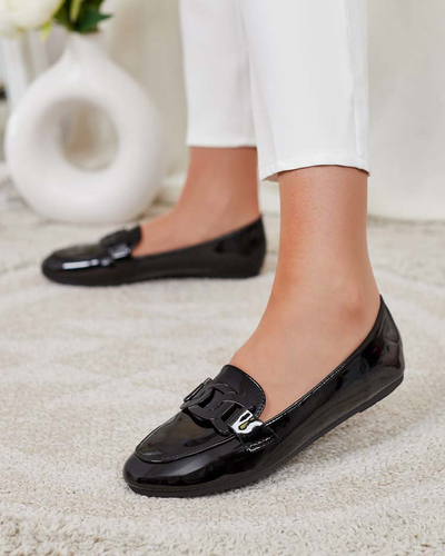 Women's lacquered moccasins with ornament in black- Footwear