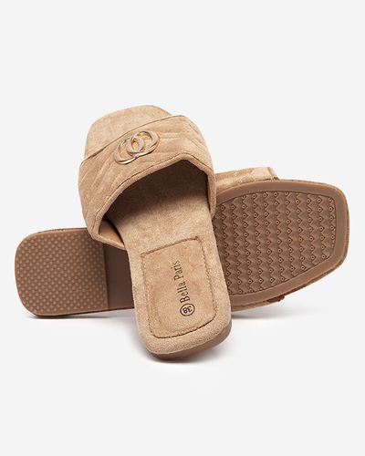 Light brown women's eco-suede slippers with a golden ornament Fanico - Footwear
