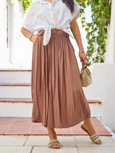 Royalfashion Women's Woven Midi Summer Skirt Light and Flowing with Two Pockets