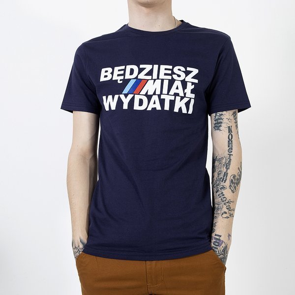 Men's navy blue cotton t-shirt with print - Clothing