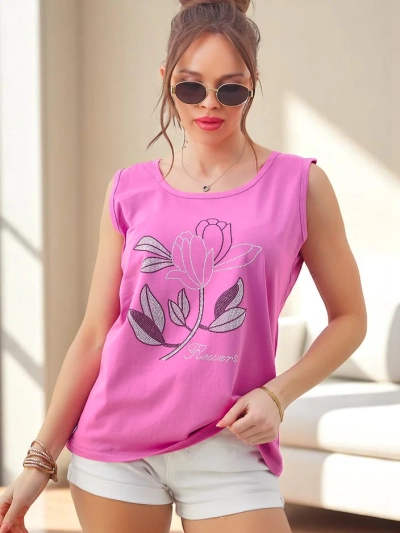 Royalfashion Women's cotton sleeveless top with rhinestones FLOWERS
