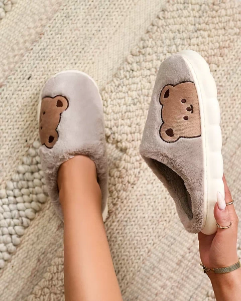 Royalfashion Женские меховые тапочки с мишкой серого цвета Fetemes