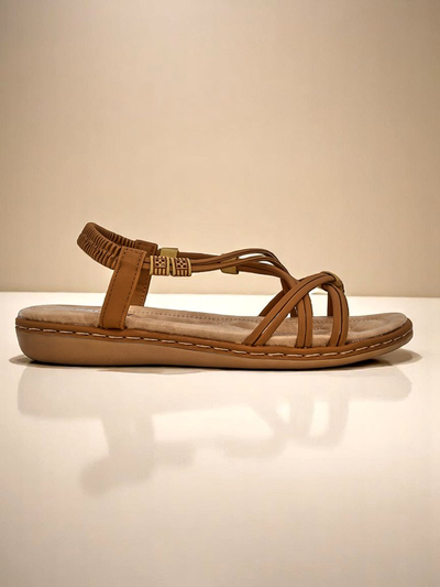 Женские сандалии Royalfashion Cressida camel плоские комфортные кожаные эко летние