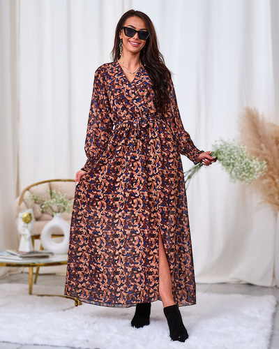 Royalfashion Camel mustriga naiste maxikleit