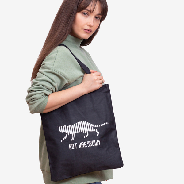 Black fabric bag with cat's inscription and print - Accessories
