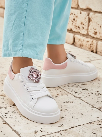 Hypatia Bianco women's eco-leather sneakers with decoration and pink accent