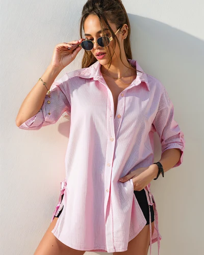 Royalfashion Cotton longer women's striped shirt with waist tie