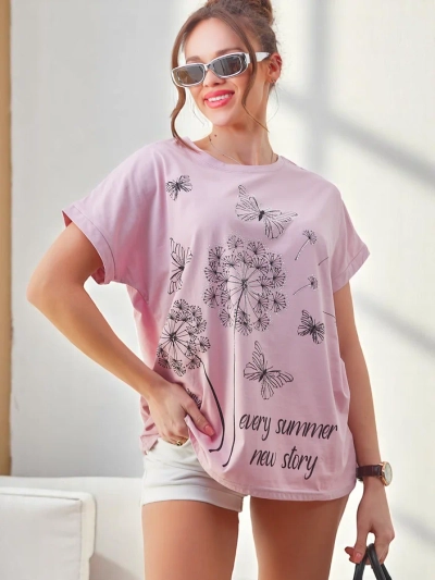 Royalfashion Women's cotton t-shirt with dandelions and a butterfly