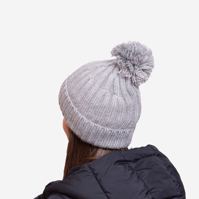 Grey women's insulated glossy beanie with pompom - Accessories