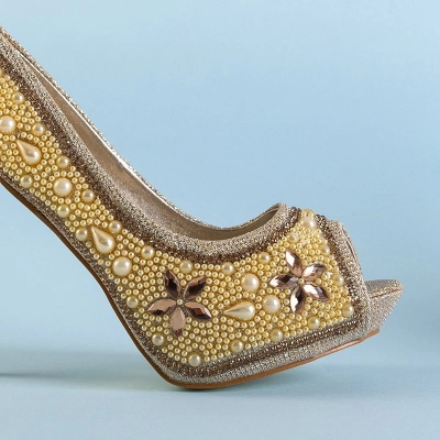 OUTLET Gold women's brocade pumps with cubic zirconia and pearls Gitana - Footwear