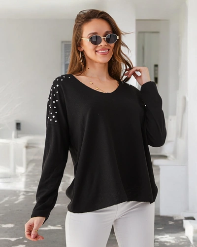 Royalfashion Women's thin viscose sweater with rhinestones on the shoulders