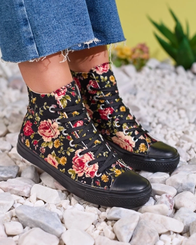 Royalfashion Women's high black sneakers with Fahenna floral print