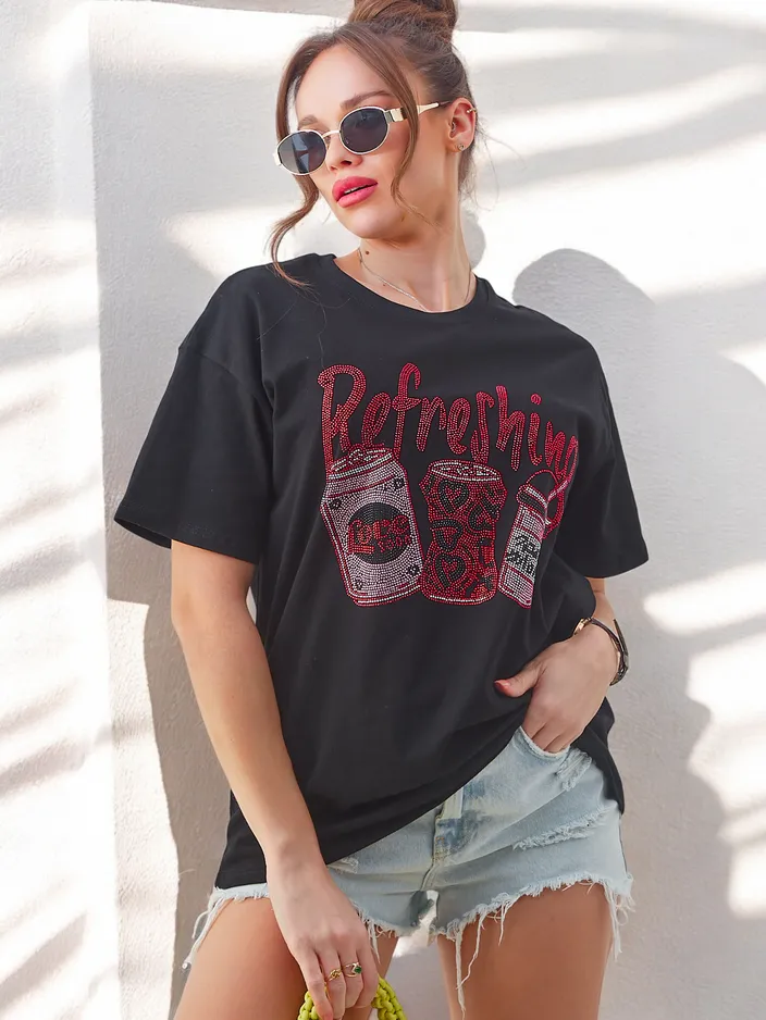 Royalfashion Naiste puuvillane t-särk rhinestone printiga