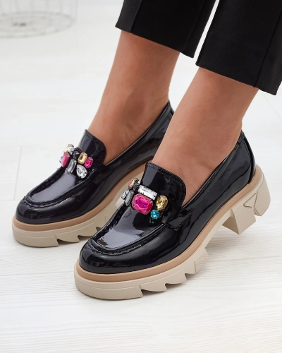 Lacquered black moccasins with colored stones Sarix - Footwear