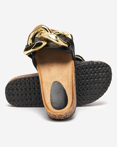 Ariadne Royalfashion summer flip-flops with a large gold chain, black leather