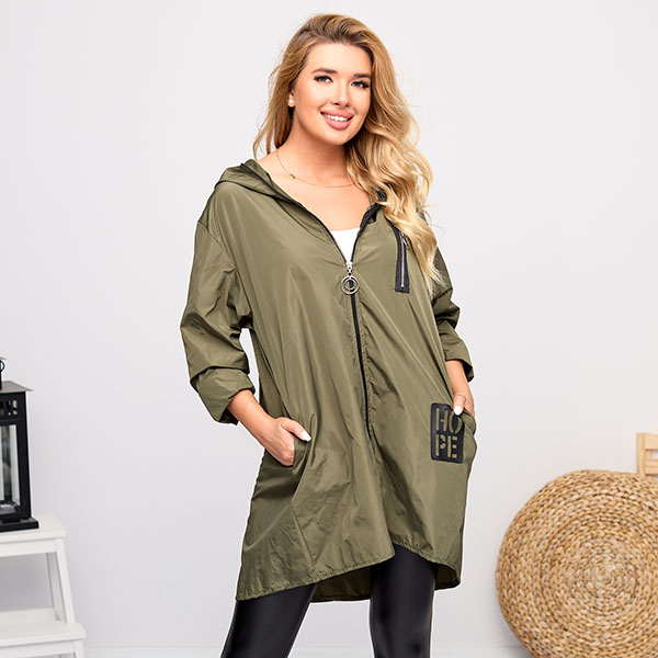 Dark green women's long windbreaker with embellishments - Clothing