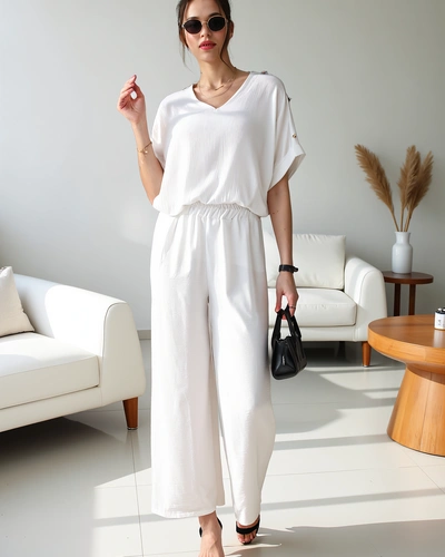 Royalfashion Женский Casual комплект с коротким рукавом и широкими брюками