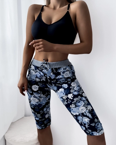 Sinised lillelise mustriga naiste 3/4 pikkused lühikesed püksid - Riietus