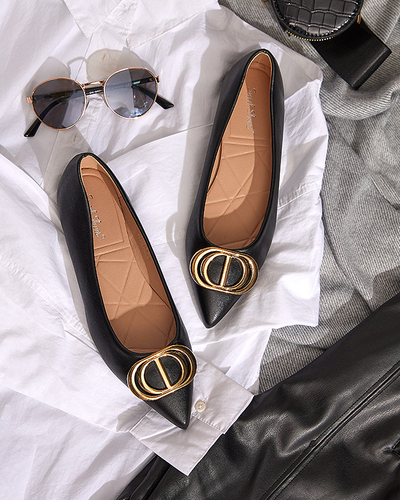 Women's black and gold pointed ballerinas with an ornament on the toe Manico - Footwear