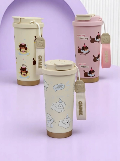 Royalfashion Thermal mug with a basket, straw, and spout Happy Dog