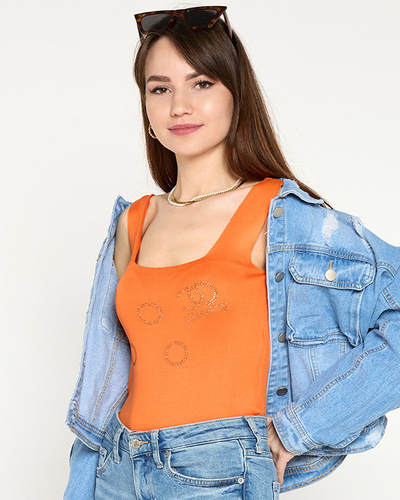 Ladies' orange top with golden cubic zirconia - Clothing
