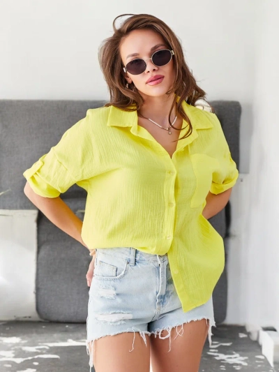 Royalfashion Cotton women's shirt with embossing and a V-neck with 3/4 sleeves