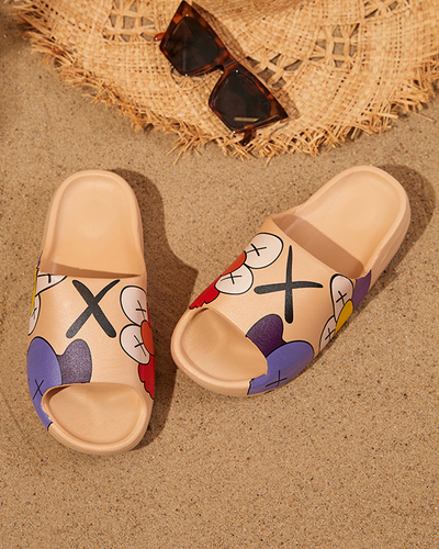 Beige rubber women's slippers with Pfizz print - Footwear