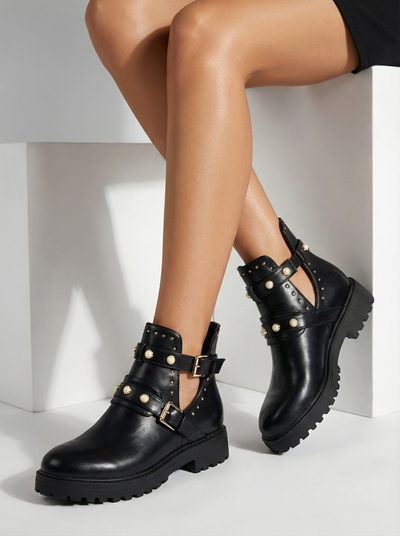 Royalfashion Mustad naiste kaunistatud lamedate kontsadega saapad Pearl Elegance