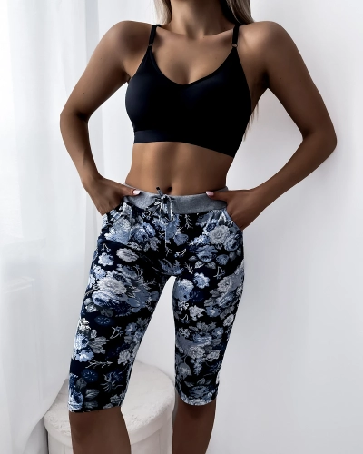 Sinised lillelise mustriga naiste 3/4 pikkused lühikesed püksid - Riietus