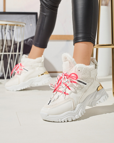 White women's sports shoes with fur and neon pink laces Sagglo- Footwear