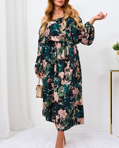 Royalfashion Must ja roheline lilleline maxikleit naistele