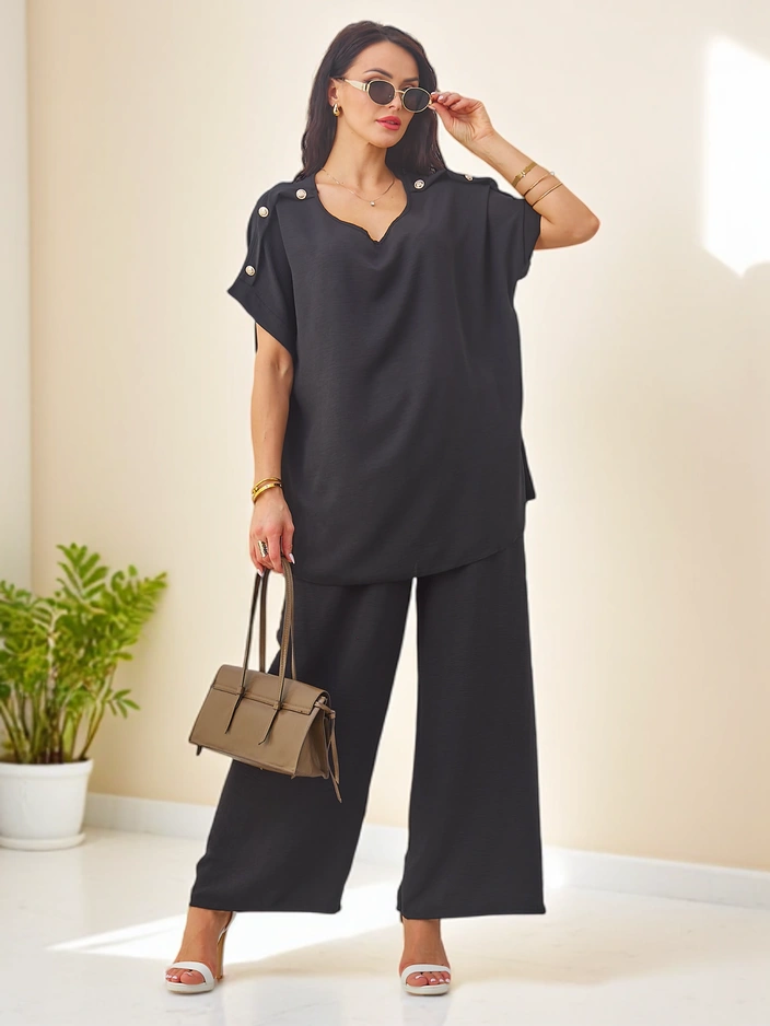 Royalfashion Women's cotton set with short sleeves and wide pants